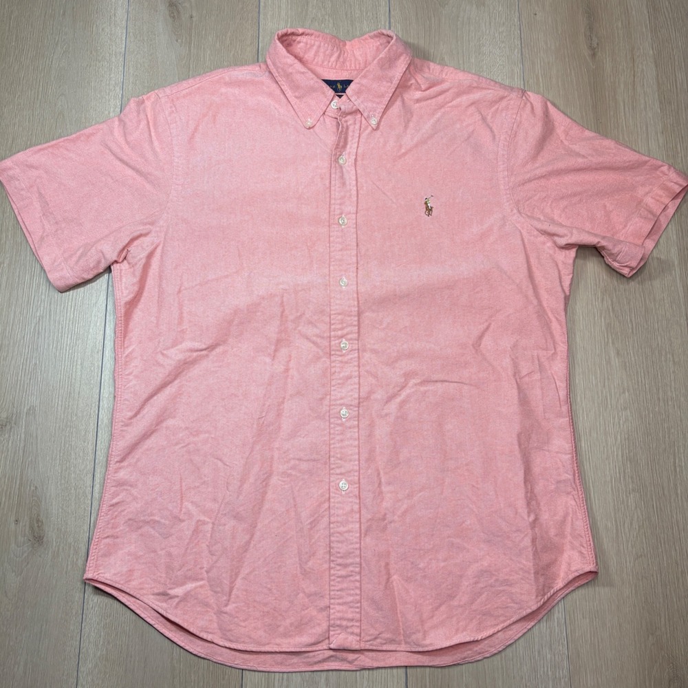 Ralph Lauren Mens XL Slim Fit Short Sleeve Oxford Shirt Salmon Pink Pony Logo